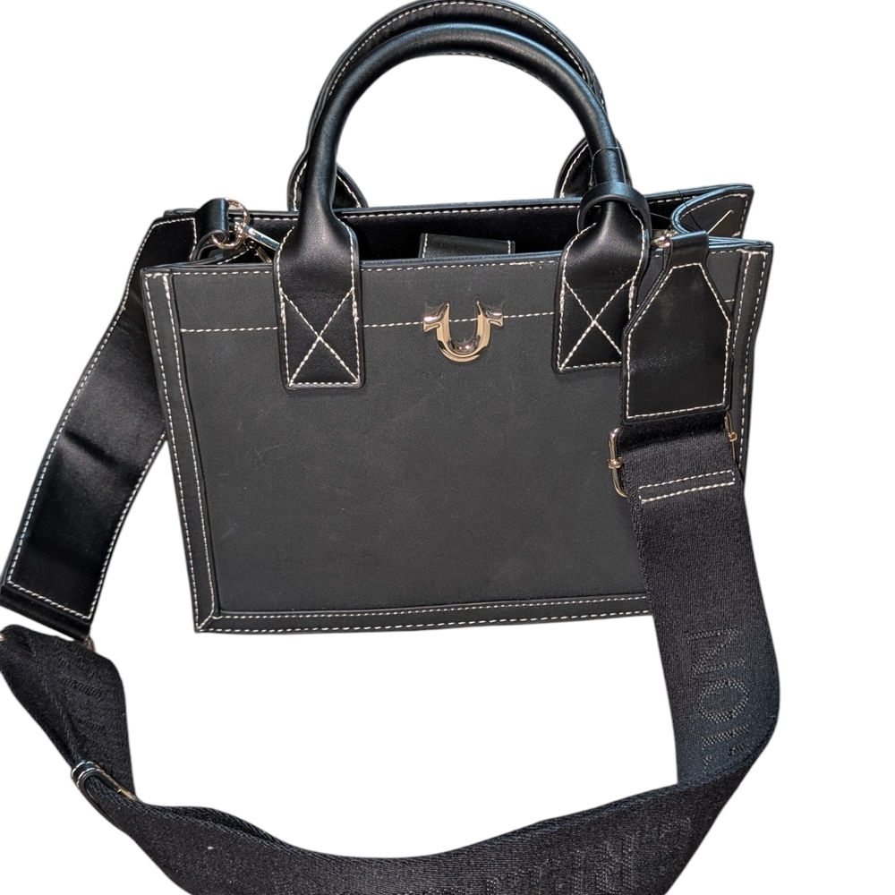 True Religion Black Crossbody Bag with Adjustable Strap and Gold Hardware